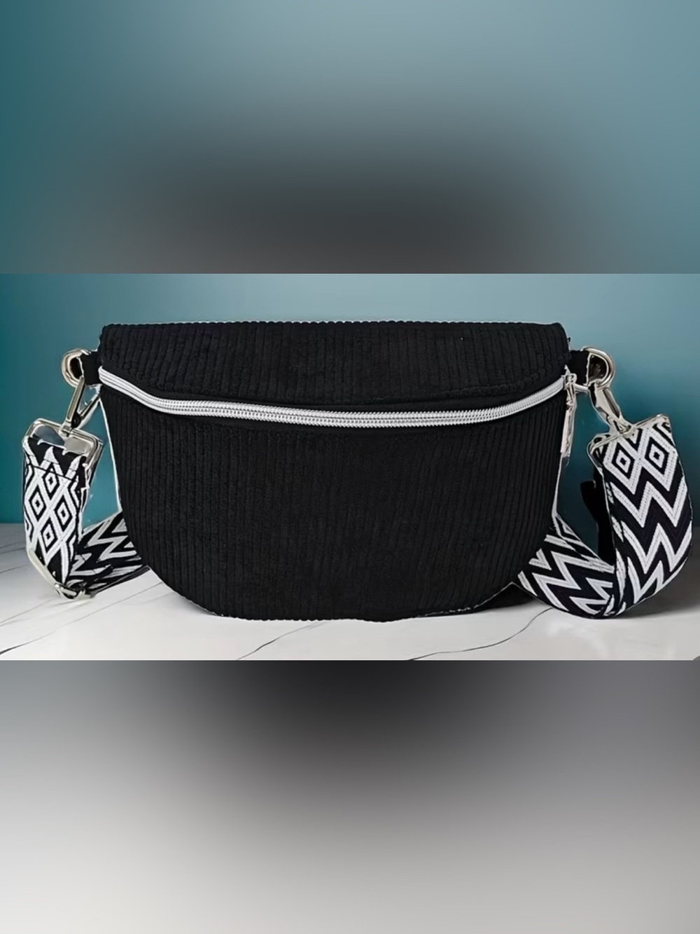 Black Corduroy Crossbody Bag with Patterned Strap - Picture 3 of 4